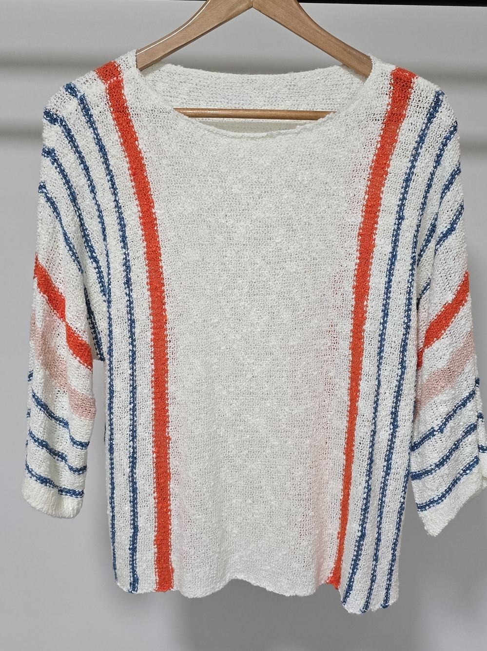 Cream Crewneck Sweater with Blue and Orange Stripe Detail